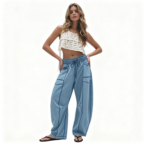 Pantaloni Cargo da <span class=keywords><strong>Donna</strong></span> Personalizzati Best-Seller, Larghi a Gamba Larga con Cuciture a Contrasto, Casual Estivi con Coulisse in Vita, per Uso Quotidiano - Product Image 2