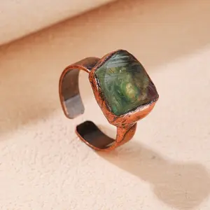 Fashion Jewelry Natural Stone Ring Antique Red Copper Plated Irregular Fluorite Stone Crystal Gemstone Opening Ring