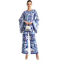 Ensemble haut ample à col carré et pantalon large imprimé porcelaine bleu et blanc, style été luxe léger haut de gamme - Élégant et tendance