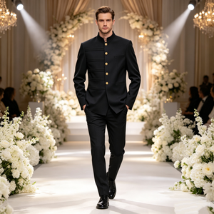 Blazer de <span class=keywords><strong>costume</strong></span> à col mandarin personnalisable en gros, avec détails à rayures horizontales et boutons métalliques dorés, <span class=keywords><strong>costume</strong></span> formel noir - Product Image 1