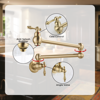 Robinet de cuisine professionnel mural, double articulation, pliable, en laiton, plaqué or, pour eau froide, avec remplisseur de casseroles