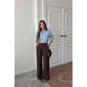 กางเกงขายาวหนังสีน้ำตาลลำลองสำหรับผู้หญิง ไซส์ XL ทรงขาบาน เอวยางยืดระบายอากาศ ตกแต่งลายทางสี - Product Image 4