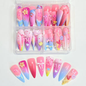 96 <span class=keywords><strong>faux</strong></span> ongles à presser Y2K couleur <span class=keywords><strong>bonbon</strong></span> dégradé, avec fleurs 3D en acrylique et nœuds, longs stilettos, couverture complète - Product Image 1