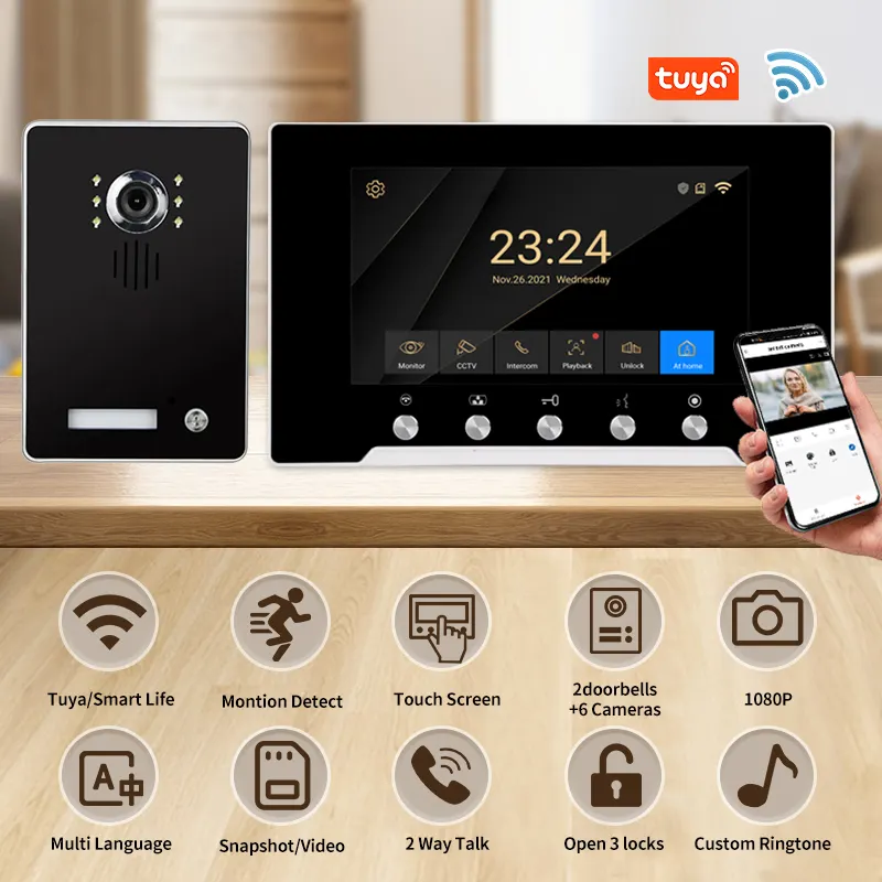 WiFi Video interkom bel pintu dengan 7 inci layar warna Tuya Smart bel pintu kamera PIR deteksi gerak interkom 2 arah untuk Villa