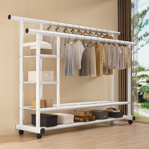 Porte-vêtements multifonctionnel en métal à double tringle CF avec étagères de rangement épaisses, support vertical sur pied pour balcon, séchoir à linge - Product Image 1