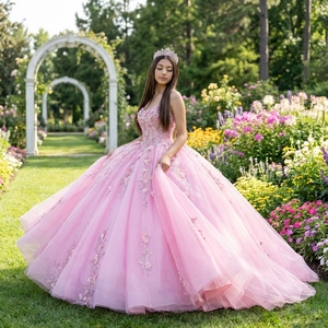 Vestido de Quinceañera Jancember Dy8513 Rosa Rubor Sin Tirantes con Flores, Tul Brillante, Apliques de Cuentas y Cola - Product Image 1