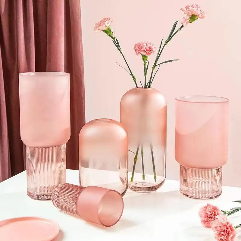 핑크 리플 서리 유리 꽃병 테이블 현대 크리스탈 꽃병 홈 장식