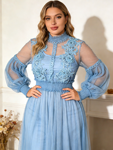 Plus Size French-Style Beige Lace Casual A-Line Tea-Length Dress with Lantern Sleeves and O-Neck Collar <b>Nylon</b> <b>Fabric</b> Summer - Product Image 4