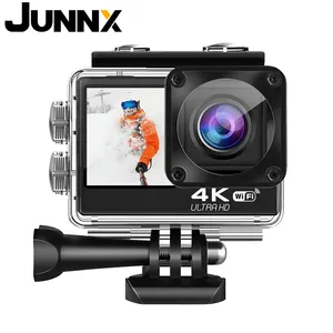 JUNNX กล้องกันสั่น4K 60 FPS 24MP,กล้องกีฬา WiFi 4X EIS กล้องแอคชั่นหมวกกันน็อคซูมดิจิตอลหน้าจอคู่