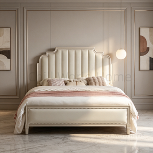 Cama con Estructura de Madera Sólida y Cabecera Tapizada con Diseño de Canales Verticales y Adornos de Tachuelas, para Recámara Principal o Villa - Product Image 2