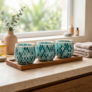 Portavelas de Vidrio Iridiscente Azul Resistente al Calor con Patrón de Mosaico, 14 oz, para Decoración de Mesa de Baño y Hogar en Navidad - Product Image 3