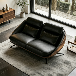 Divano Vintage con Dettagli in Legno Caldo e Contrasto in Pelle Nera per Interni Mid-Century e Moderni - Product Image 2