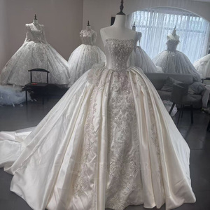 Wx388 Ivory Satin Wedding Dress Strapless Baroque <b>Silver</b> Beaded <b>Sequin</b> Ball Gown With Long Train Jancember - Product Image 2