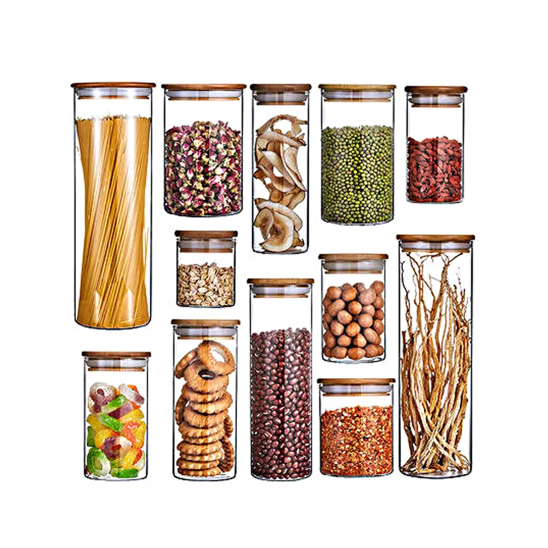 RTS Hot Sell Cheap Customize 180-2000ml Borosilicate Storage Glass Jars Set Spice Container Bottles With Bamboo Lid for Kitchen
