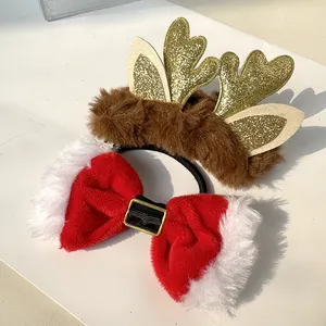 Christmas Elastic Fluffy Headband Antlers Furry Velvet Ribbon Bow Headdress Hair Accessories Kits For Kid Hair Scrunchies