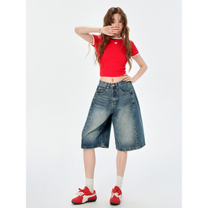 Pantalones Cortos Vaqueros Azules de Cinco Bolsillos de Algodón Estilo Retro Americano Vintage para Hombre y Mujer, Estilo Holgado y Relajado de Verano, Pierna Ancha, Largo Medio - Product Image 4