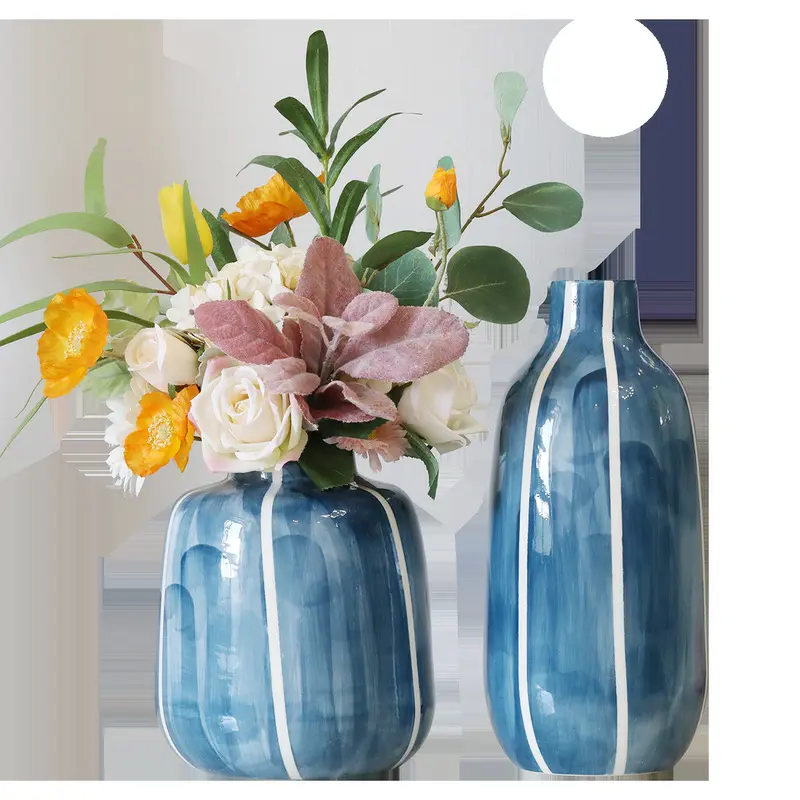 فازة سيراميك مخصصة مع زهور مستقيمة مطلية باليد باللون الأزرق فازات إبداعية ديكور للمنزل ومكتب مكتب