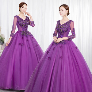 Purple Tulle Evening Gown With 3D Floral Embroidery Long Sleeve Ball Gown For Women Stage Performance Dress - Product Image 1