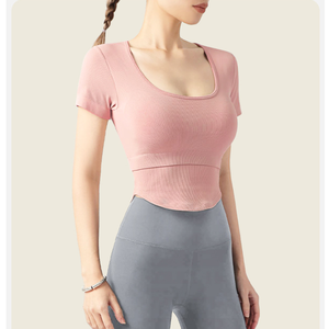 เสื้อโยคะครอปคอวี แขนสั้น ผ้าริบ ยืดหยุ่น กระชับรูปร่าง สำหรับผู้หญิง ขายส่ง พร้อมบราในตัว เหมาะสำหรับออกกำลังกาย พิลาทิส และเล่นกีฬา - Product Image 3