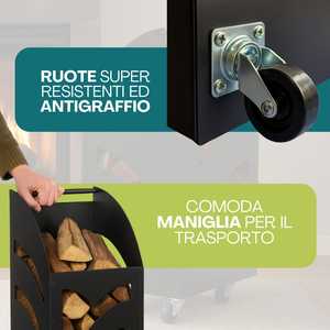 Porta Legna per Caminetto in Acciaio Verniciato Nero 32x42x80 Cm con Carrello e Ruote - Product Image 4