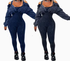 Viviblook Z0115JP <b>Women</b> Washed Sexy Off Shoulder <b>Tight</b> Long Sleeve Plus Size One Piece Jumpsuit Streetwear Denim Jumpsuit - Product Image 1