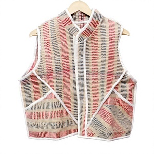 Chaleco de Algodón Estampado a Rayas con Cuello Mao y Botón Único, Blazer de Mujer para Otoño con Patrón Tejido, Largo Regular - Product Image 1