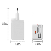 Chargeur rapide PD 65W avec câble USB C rétractable intégré, adaptateur secteur tout-en-un pour téléphones, tablettes, ordinateurs portables