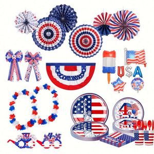 Ensemble de fournitures de fête jetables sur le thème de la Journée de l'Indépendance, style moderne, vaisselle pour le 4 juillet, comprenant assiettes en papier, gobelets, serviettes - Product Image 6