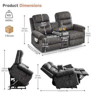 Sofá <span class=keywords><strong>Reclinable</strong></span> Eléctrico de Dos Plazas con Calefacción, Masaje por Vibración y Consola de Almacenamiento, Ideal para Autocaravanas - Product Image 4