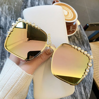81065 Lunettes de soleil tendance pour femmes, monture ronde, verres en PC, perles, protection UV