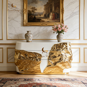 Customizable French Luxury Style White & <b>Gold</b> Artistic Living Room Cabinet Irregular Gilded Texture <b>Console</b> <b>Table</b> - Product Image 1