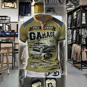 Chemise Henry à trois boutons pour homme, motif de voiture ancienne imprimé en 3D, tissée, séchage rapide, respirante, style streetwear décontracté, hip-hop - Product Image 3