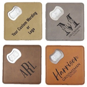 Posavasos de cuero PU grabado personalizado con abridor de botellas y logotipo, herramienta de barra reutilizable para regalo de boda - Product Image 5