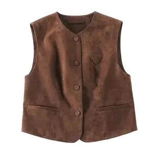New Fashion Custom Color Suede Leather Vest Women Vintage Gilet
