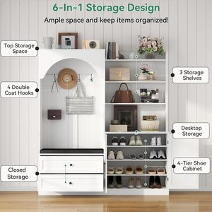 SENYU Moderno Mueble de Entrada Blanco con Perchero, Banco, 4 Ganchos, 5 Estantes, Armario para Zapatos, Mueble Multifuncional - Product Image 4