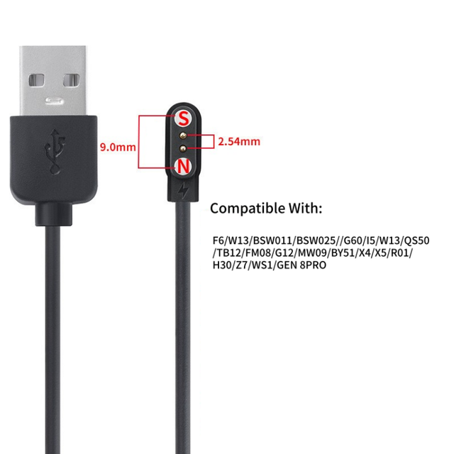 Universal Poco Pin Charger 2 Pin 2.54mm Smart Watch Charging Cable Magnetic for F6 W13 BSW011 BSW025 G60 I5 W13 QS50