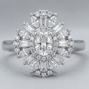 Anillo de Compromiso con Circonita Cúbica en Forma de Flor, Engaste Ovalado Pavé, Bañado en Rodio, Latón, Estilo Glam Unisex, Regalo para Fiesta - Product Image 1