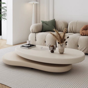 Tavolino da Caffè Ovale Girevole Moderno e Semplice in Crema, Ecologico, per Soggiorno, Arredamento Estensibile - Product Image 1
