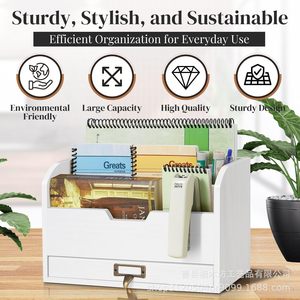 Wooden Envelope Storage Box Multi Layer Document Organizer Drawer Style Office <b>Desktop</b> Storage White Rectangle Solid Color - Product Image 5