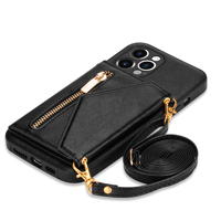 Étui portefeuille à fermeture éclair avec cordon pour iPhone 14 13 12 11 Pro Max Mini Xs Xr 8 7 6 Plus Se 2020 en cuir PU avec support et porte-cartes