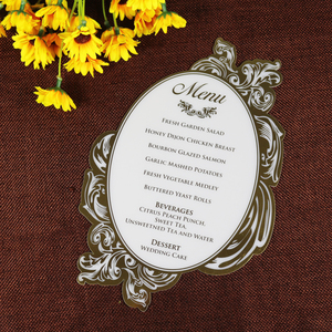 การ์ดเมนูงานแต่งงานที่หรูหราสไตล์รอยัลอะคริลิคสีขาวทองฟอยล์รูปทรงไดคัท - Product Image 3