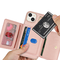 Casing Ponsel Dompet Kulit Elektroplating untuk iPhone 15, Anti Benturan, Tali Selempang, Tempat Kartu, Kantong Koin Resleting, Penyangga Cincin