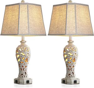 Thiết lập 2 mộc mạc bảng đèn cho phòng khách phòng ngủ trang trại phong cách cổ điển 2 cổng USB Hollow nhựa nightlight rửa màu trắng - Product Image 6