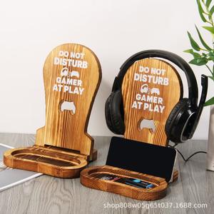 Support en bois pour casque, téléphone et montre – Présentoir de bureau en bois massif pour gamer – Étagère rétro avec clip de fixation couleur unie - Product Image 1