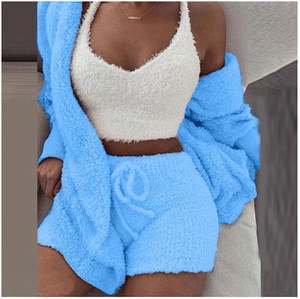 Ensemble de pyjamas pour femmes grande taille K1050, 3 pièces, pyjamas en peluche unie, à capuche, sexy, taille élastique, shorts décontractés, printemps - Product Image 1