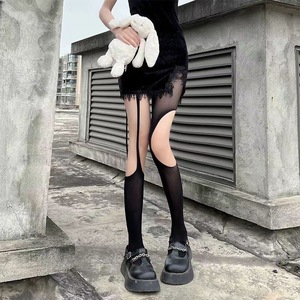 Asymmetrical Ripped Suspender Fishnet Stockings 0D Ultra Thin Transparent Nylon Women's Pantyhose Solid Color Youth Style - Product Image 3