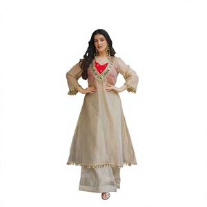 Traje Anarkali beige bordado hasta el suelo, estilo tradicional indio pakistaní para mujer, de corte holgado, de algodón, para uso casual. - Product Image 1