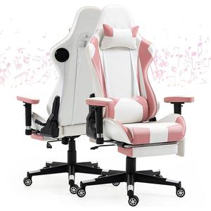 Chaises de bureau élégantes et mignonnes avec haut-parleurs Bluetooth et massage, <span class=keywords><strong>chaise</strong></span> de jeu vidéo grande et haute rose et blanche avec repose-pieds - Product Image 1