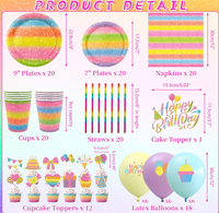 Assiettes, gobelets, serviettes, nappes, pailles, bannières, guirlandes, décorations de gâteau, ballons et fournitures pour fête d'anniversaire arc-en-ciel pastel