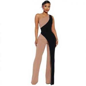 Mono de una manga para mujer con bloques de color, cintura alta, diseño asimétrico, largo completo, ropa de club, material de spandex y poliéster - Product Image 1
